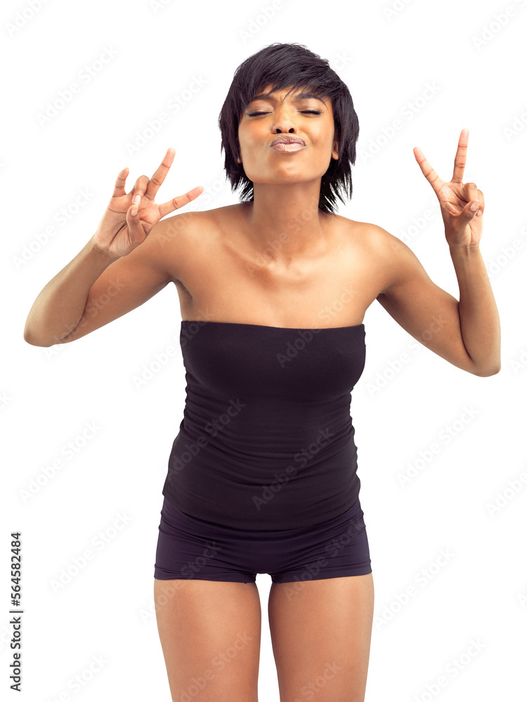 A beautiful smiling african woman in a white studio, making peace signs and a kissy-face isolated on a PNG background. A beautiful smiling african woman in a white studio, making peace signs and a kissy-face isolated on a PNG background.