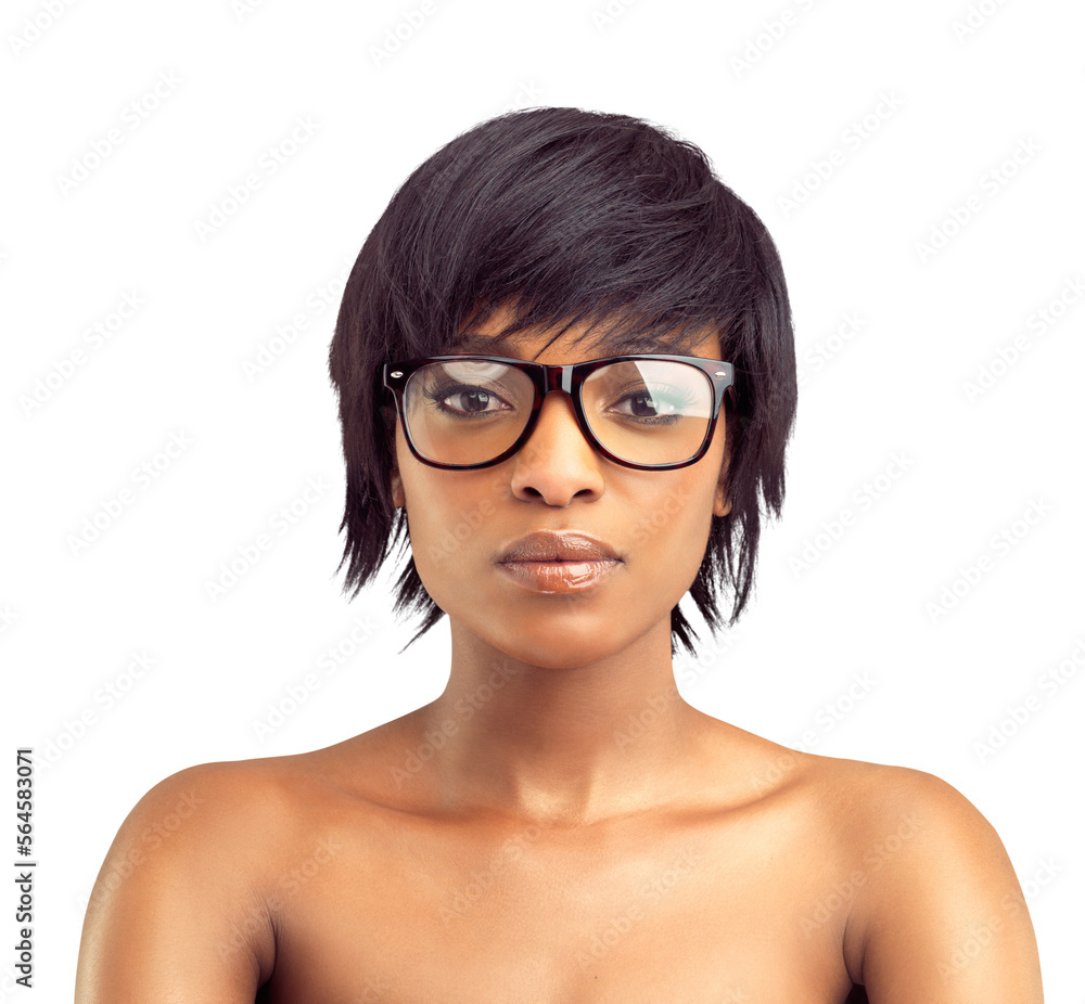 A head and shoulders portrait of a confident african woman wearing spectacles isolated on a PNG background. A head and shoulders portrait of a confident african woman wearing spectacles isolated on a PNG background.