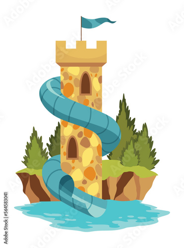 Waterpark water slide with colored plastic screw slide. Aquapark and swimming pool equipment, recreation or amusement park, fun graphic design elements. Summer attraction
