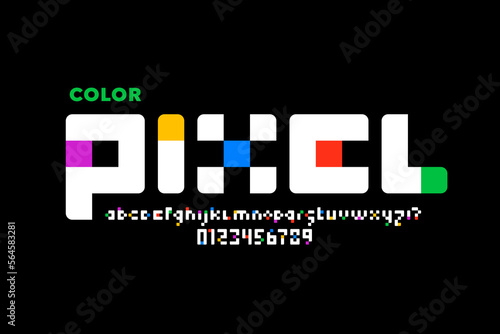 Color Pixel font, alphabet letters and numbers, vector illustration