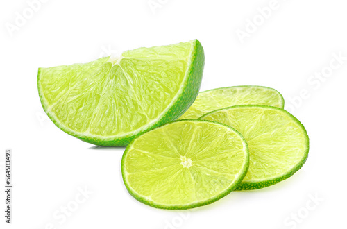 Slices of lime fruit isolated on white background.