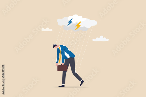 Having bad day, disappointed work, discourage or depression, failure feeling bad or difficulty, having problem and trouble concept, depressed wet businessman walking in raining thunderstorm.y