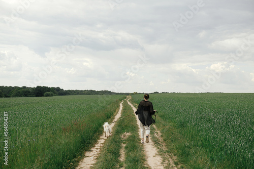 Woman walking with cute white dog in wheat field. Stylish young female hiking and running with funny dog in summer countryside. Pet and travel. Danish spitz