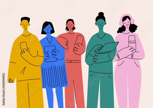 Diverse interracial group with gadgets. People with phone, tablet, laptop, earphones. Person listening to music. Crowd of people. Gadget addiction. Colorful cartoon characters. Simple style vector