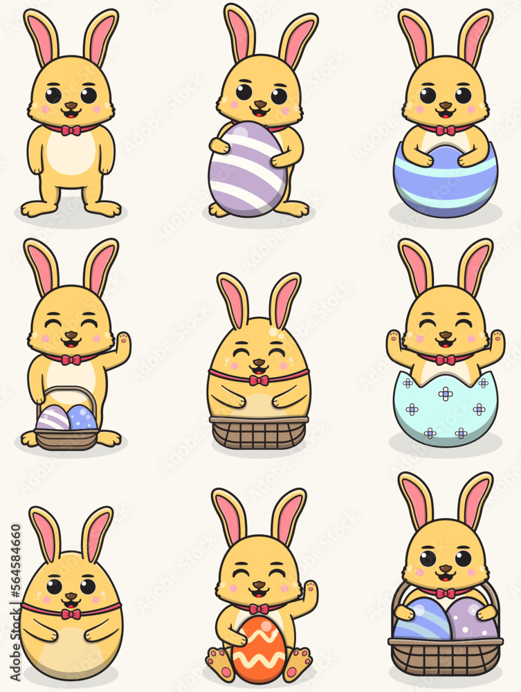 Obraz premium Rabbit Happy Easter. Cute Rabbit on the Easter theme in cartoon. Vector illustration. Isolated on white background. Easter holiday vector set.
