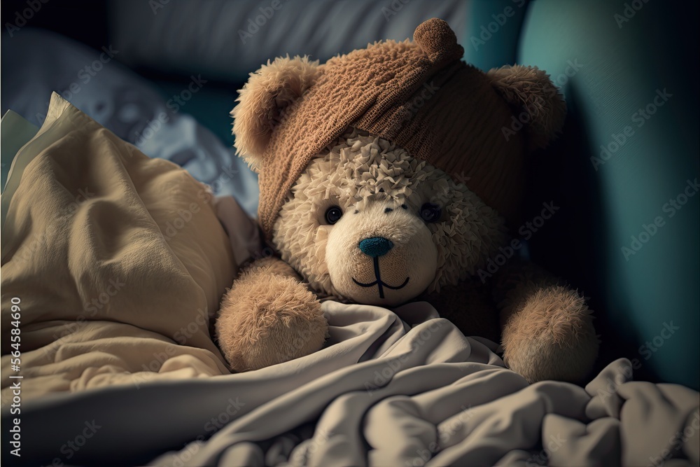 cute Teddy bear laying in bed and feeling sick generative ai