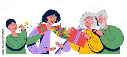 Children holding gift box and flowers, congratulate grandmother and grandfather with holidays. Birthday, Womens Day, Mothers Day, Grandparents Day holiday event congratulate and surprise characters