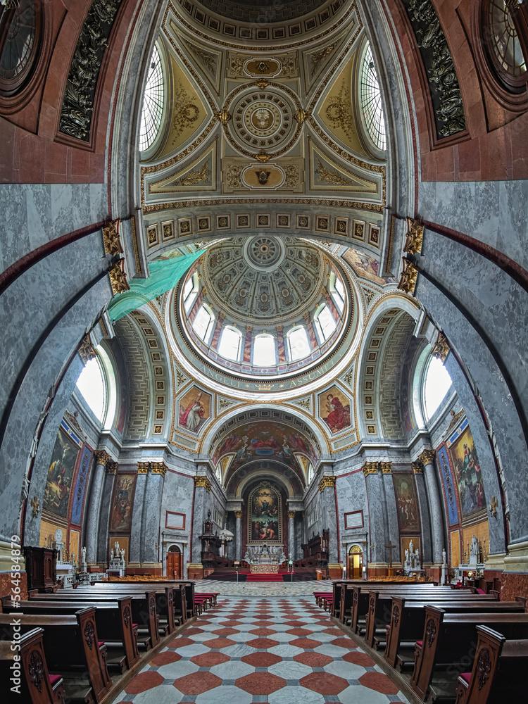 Esztergom, Hungary. Vertical panorama of interior of Esztergom Basilica. The Primatial Basilica of the Blessed Virgin Mary Assumed Into Heaven and St Adalbert was built in 1822-1869.