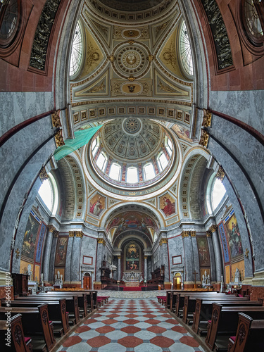 Esztergom, Hungary. Vertical panorama of interior of Esztergom Basilica. The Primatial Basilica of the Blessed Virgin Mary Assumed Into Heaven and St Adalbert was built in 1822-1869.