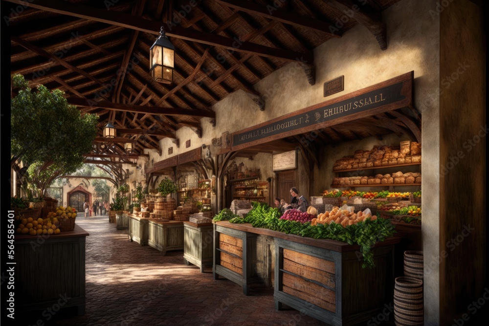 Obraz premium Gourmet food market in a complex setting with rustic wood beams and a variety of fresh produce stands generative ai