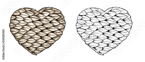 Heart made of snake skin texture light yellow color isolated on white