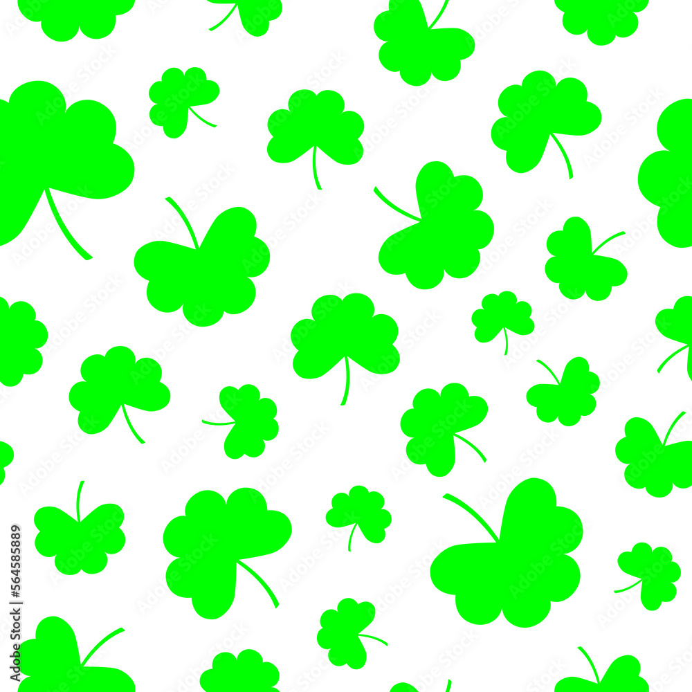 Green clover leaves on white background. Floral seamless pattern. Best for textile, wallpapers, wrapping paper, package, home decor and St Patrick's day decoration.