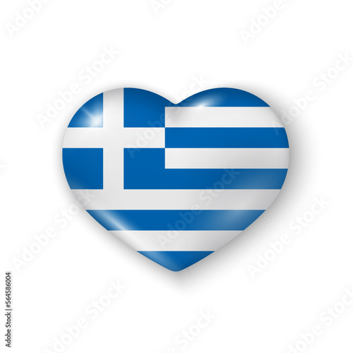 3d heart with flag of Greece. Glossy realistic vector element on white background with shadow underneath. Best for web, logo, print and festive decoration.