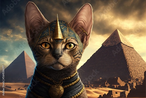 cat as egyptian pharaoh pyramides on background illustration generative ai photo