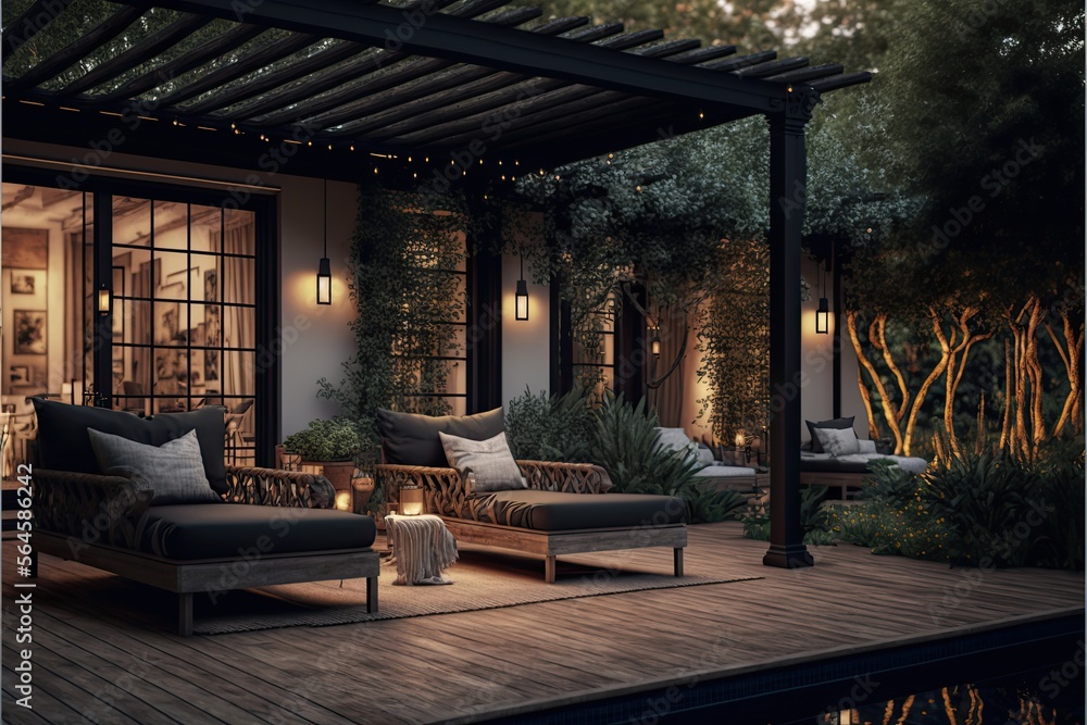 Interior design of a lavish side outside garden at morning, with a teak hardwood deck and a black pergola. Scene in the evening with couches and lounge chairs by the pool generative ai