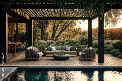 Interior design of a lavish side outside garden at morning, with a teak hardwood deck and a black pergola. Scene in the evening with couches and lounge chairs by the pool © 3D Station
