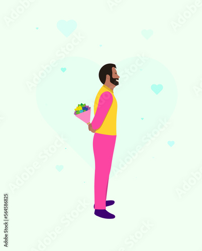 Guy with flowers, card for Valentine's day, 8 march, womens day