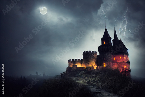 A Gothic castle, its windows lit by flames, towers over a turbulent thunderstorm. The ambiance evokes Halloween's mysticism, intensified by the full moon's eerie light, creating an ominous atmosphere.