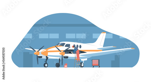 Mechanic is repairing the engine of a turboprop aircraft. Vector illustration.