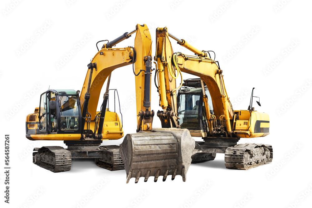 Two powerful crawler excavators isolated on white background. Powerful excavator with an extended bucket close-up. Construction equipment for earthworks. element for design. Two powerful crawler excavators isolated on white background. Powerful excavator with an extended bucket close-up. Construction equipment for earthworks. element for design.