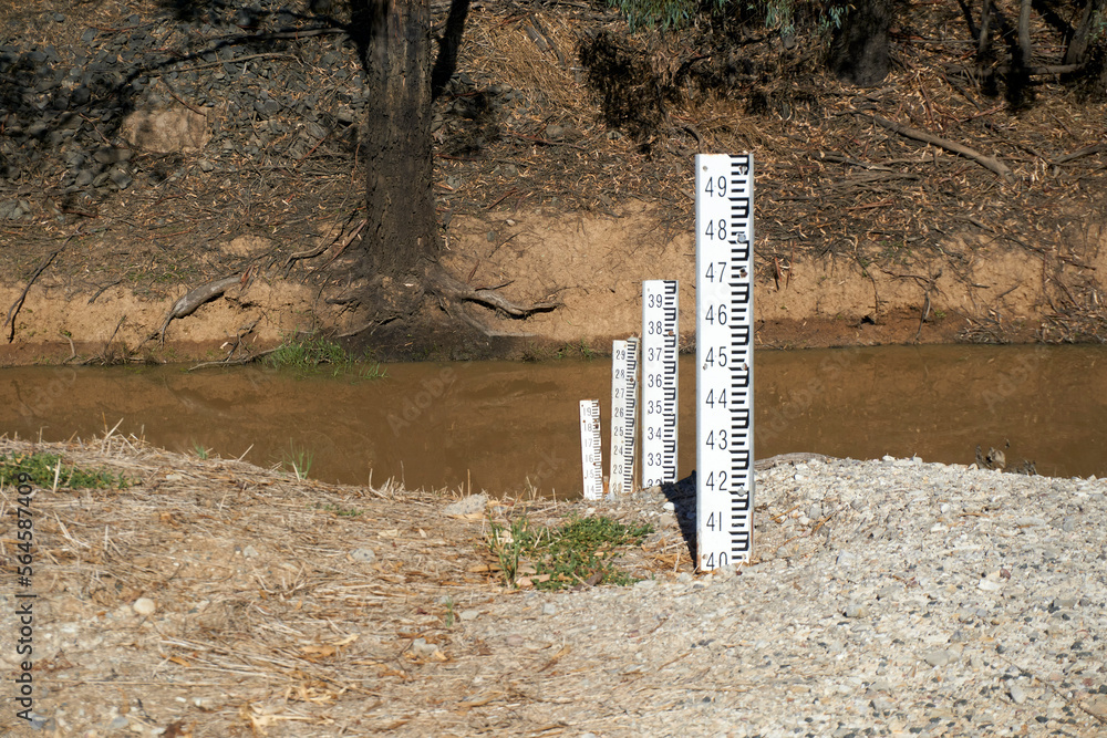 Water level markers to indicate water depth in floods Stock Photo