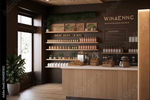 Organic health food store in a studio setting with natural wood finishes and earthy tones generative ai