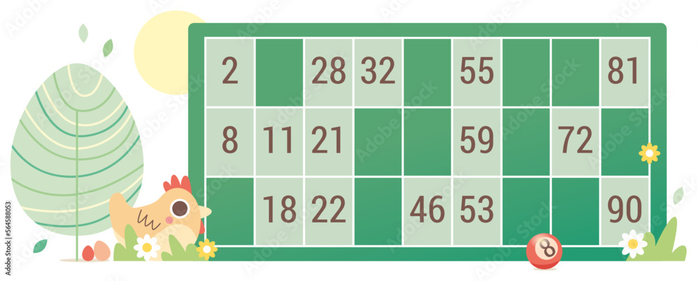 Carton de loto tombola vert, illustration d'une poule avec œufs de Pâques,organisation de fête et d'événement,animal de la ferme,paysage de campagne,gagner avec les bons numéros Carton de loto tombola vert, illustration d'une poule avec œufs de Pâques,organisation de fête et d'événement,animal de la ferme,paysage de campagne,gagner avec les bons numéros
