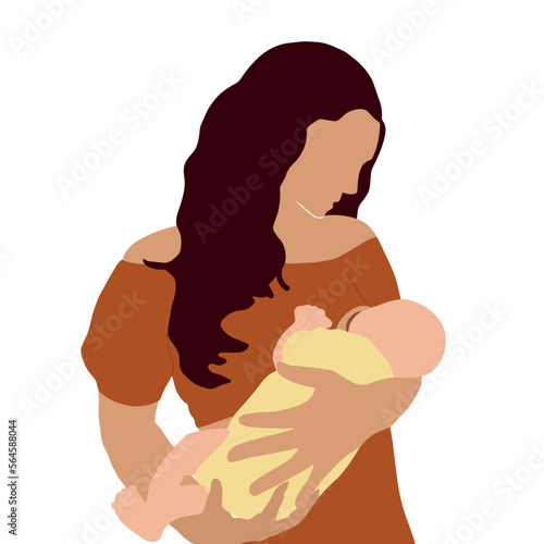 Breastfeeding mother holding baby near nipple, vector art. Breast Feeding Illustration. Mother holding her child and feeding with breast milk.