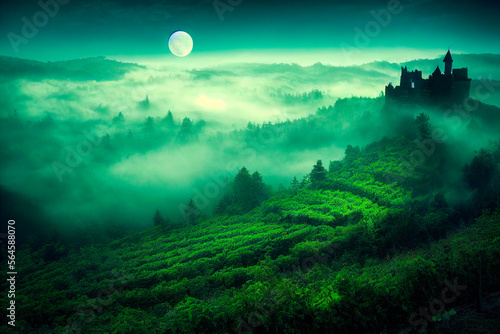 stone castle, green forest, fog, mountains, strange atmosphere, full moon