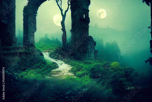 stone arch among green foliage, path, night sky and two bright moons