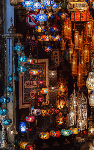 An abundance of traditional Turkish glass lanterns at the Grand Bazaar in Istanbul. © dvulikaia