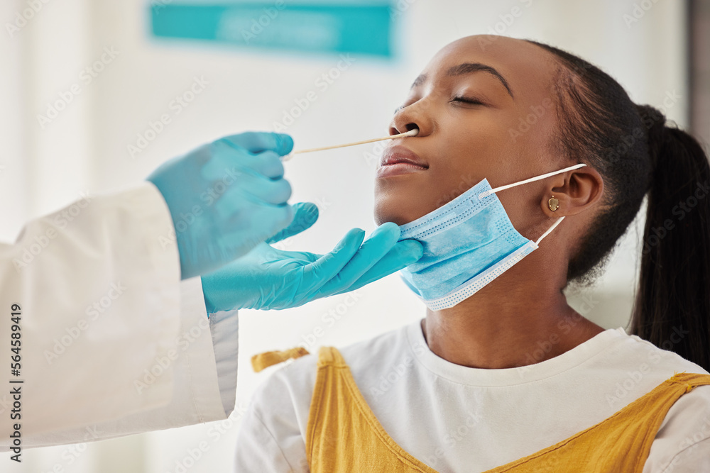Covid 19 test, doctor hands and black woman for hospital healthcare, medical support and corona virus exam. PCR, safety consultation girl or face of patient with nose swab from clinic worker or nurse Covid 19 test, doctor hands and black woman for hospital healthcare, medical support and corona virus exam. PCR, safety consultation girl or face of patient with nose swab from clinic worker or nurse