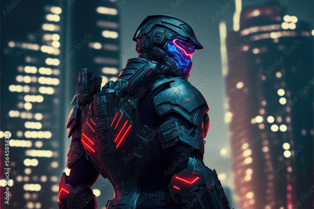 Armed super soldier with supersonic gun in the cyber city. cyberpunk city. cyborg. Robot. Generative AI Armed super soldier with supersonic gun in the cyber city. cyberpunk city. cyborg. Robot. Generative AI