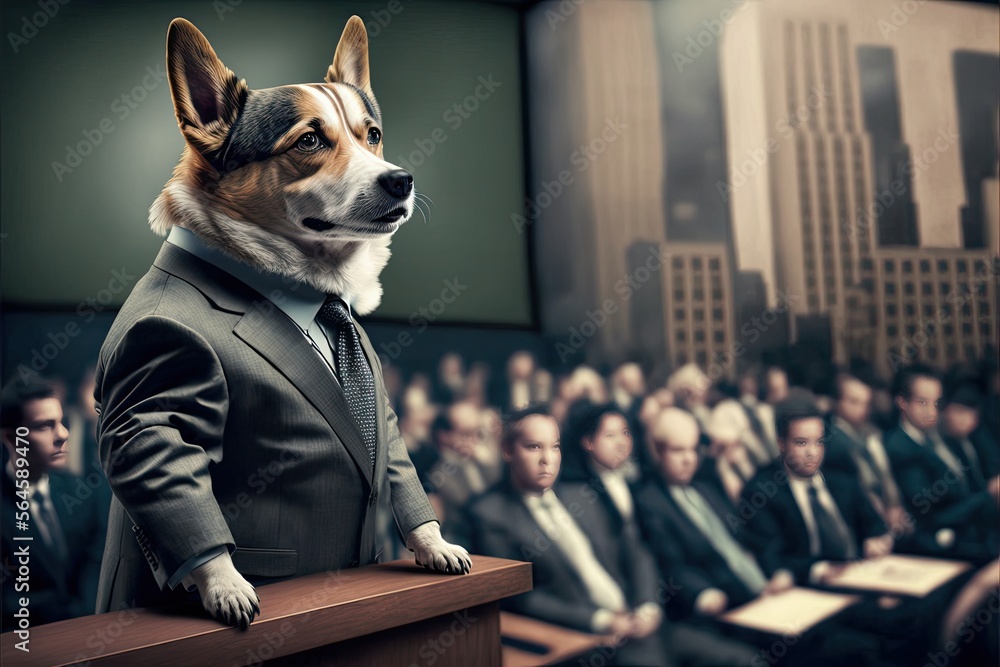 A dog in a suit presenting a development proposal to the City Planning Commission generative ai