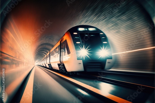 A futuristic train traveling at high speed through a tunnel generative ai