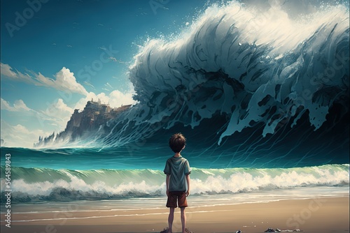 Boy standing on the beach and looking to a tsunami. digital style. illustration. digital illustration. Digital painting. Generative AI