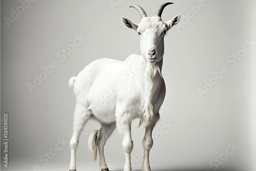a white goat in a portrait pose, standing alone against a bank white backdrop generative ai © 3D Station