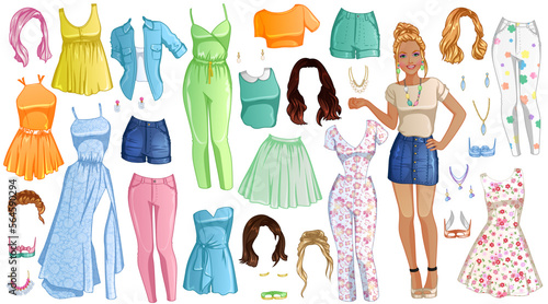 Spring Time Paper Doll with Beautiful Lady, Outfits, Hairstyles and Accessories. Vector Illustration photo