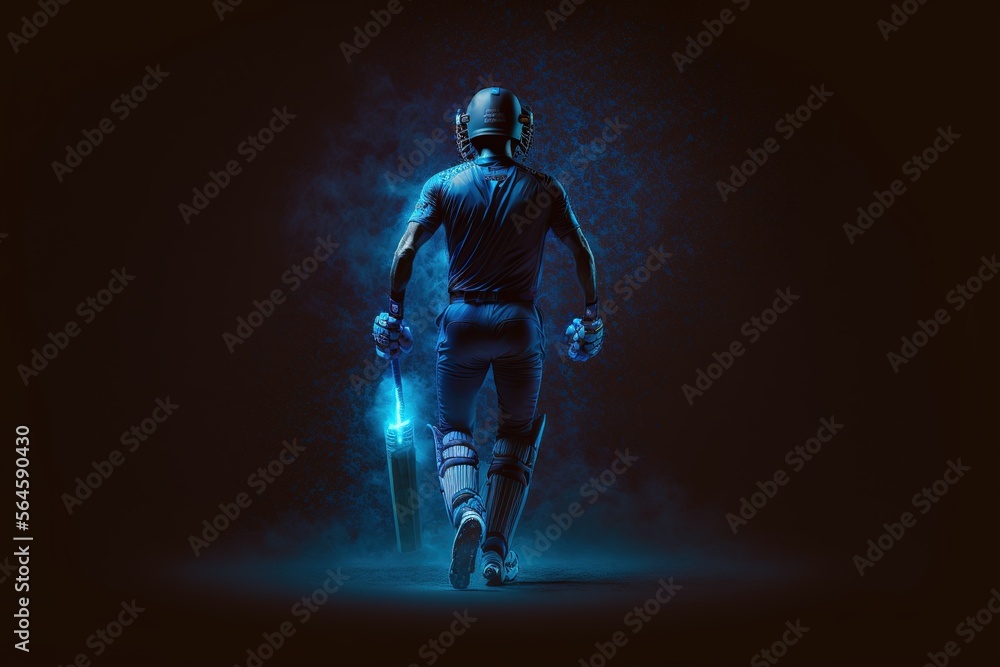 A cricket player walking on the ground in a blue jersey. Cricket. sports player. Generative AI
