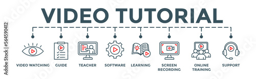 Video tutorial - banner concept. Editable vector illustration with icon of watching video, guide, teacher, software, learning, screen recording, online training, support.