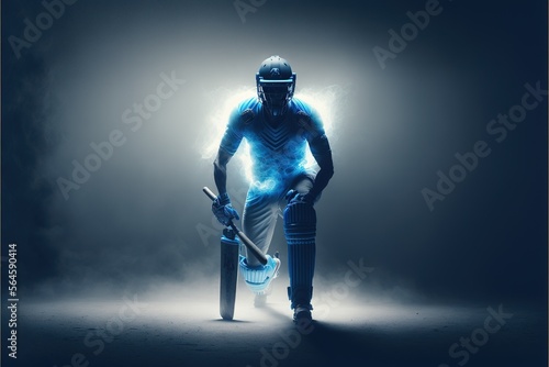 A cricket player walking on the ground in a blue jersey. Cricket. sports player. Generative AI photo