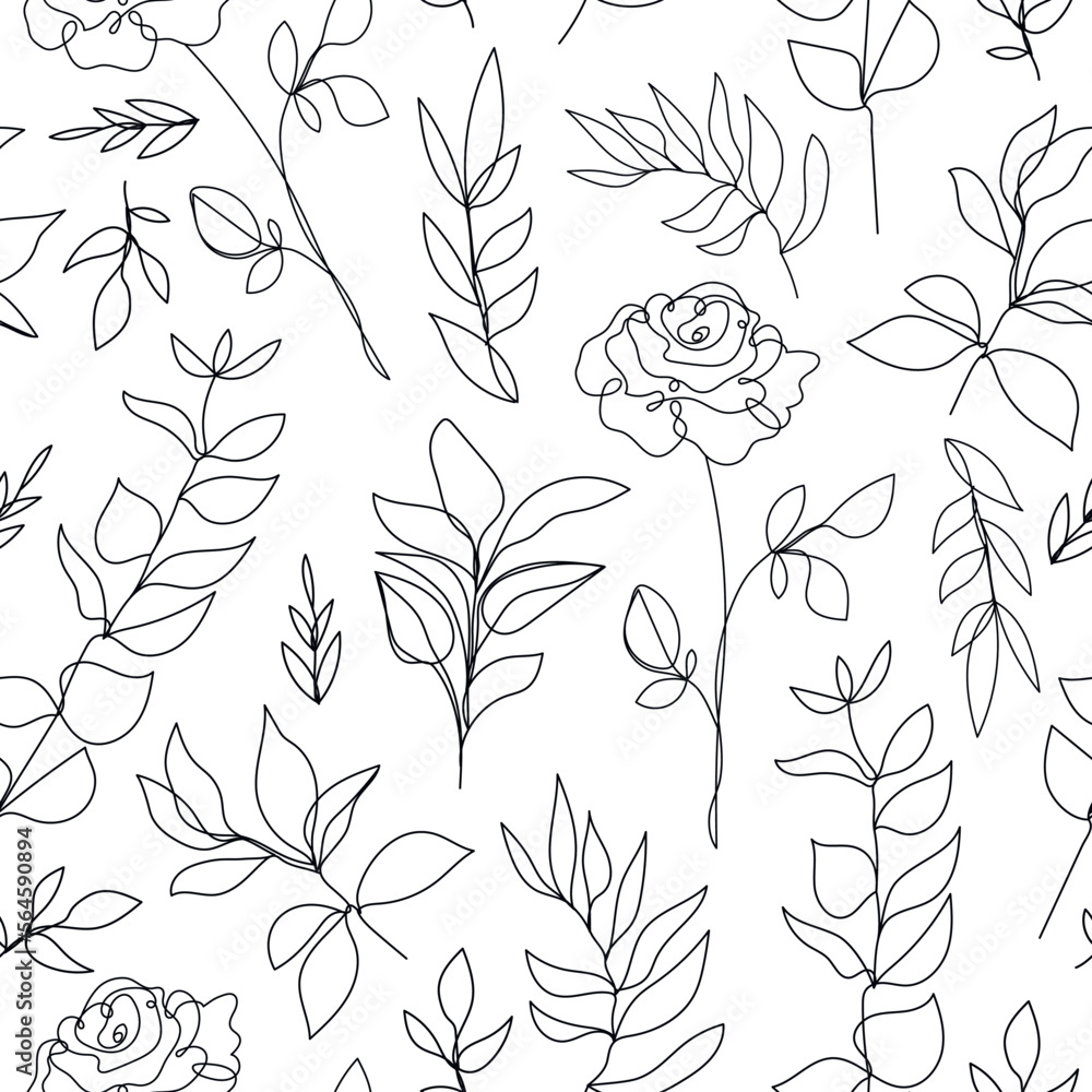 Vector flower linear seamless background, roses and leaves line pattern ...