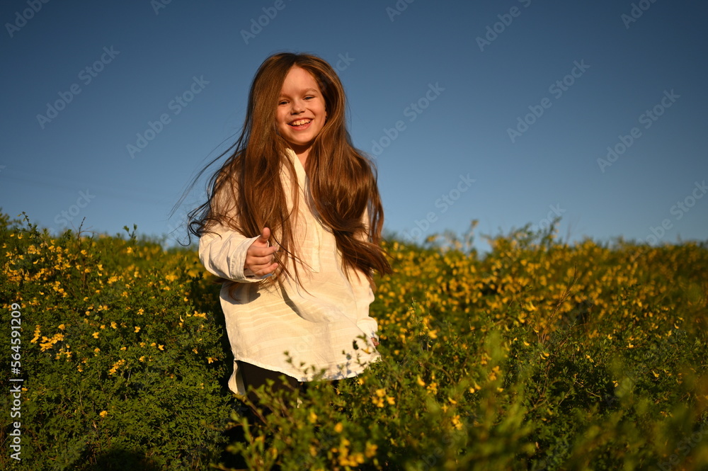 A teenage girl walks through the mountains, across the field. A happy young girl with long hair, standing in the wind. A walk in the fresh air. A teenage girl walks through the mountains, across the field. A happy young girl with long hair, standing in the wind. A walk in the fresh air.