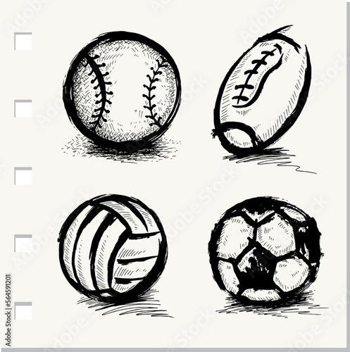 vector sketch illustration, sport balls: football, volleyball, rugby, baseball