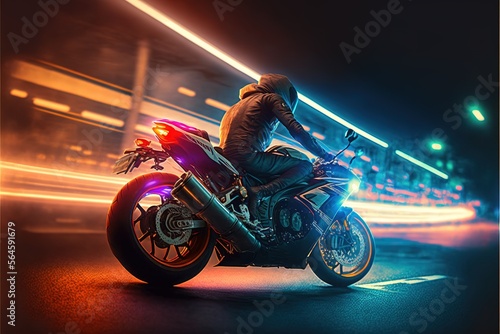 Racing Sports bike at high-speed light tunnel exposure mode. A sports bike in the tunnel. tunnel. Generative AI © Chexy139