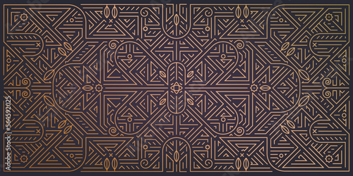 Vector abstract geometric golden background. Art deco wedding, party pattern, geometric ornament, linear style with leaves and flowers. Horizontal orientation luxury, fancy decoration element.