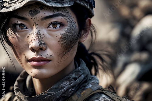 A close-up photo of an Asian soldier on the battlefield. This image captures the intensity and determination of a warrior in the heat of battle. Created with generative AI.