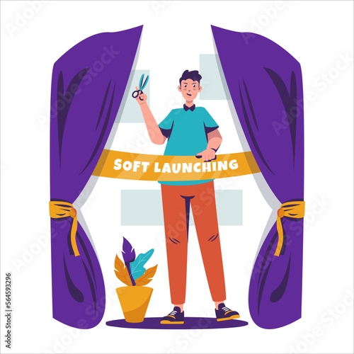Flat design of soft launching with ribbon cut ceremony