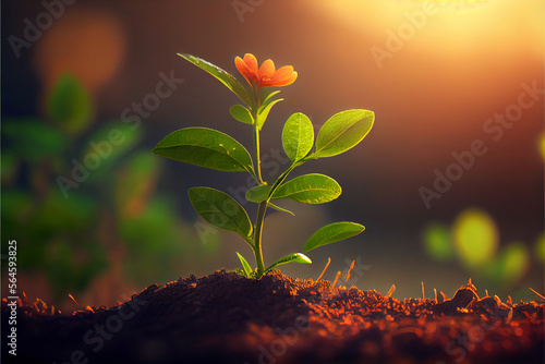 Young plant with an open bright orange flower on top, in the morning sunlight. On nature background. Created with Generative AI technology.