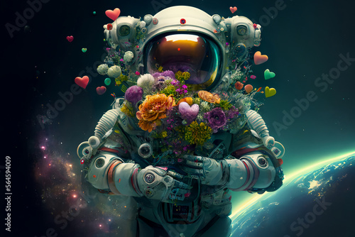 A love story between a futuristic alien warrior astronaut robot in cyber suit, helmet made of fresh Spring flowers and hearts balloon, mask portrait. Valentine's Day from space. A fictional 3d charact